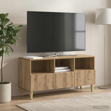 Meuble TV 3 tiroirs vintage en bois d’ingénierie chêne artisanal 102 x 34,5 x 50 cm - PANGIVO (1/5)