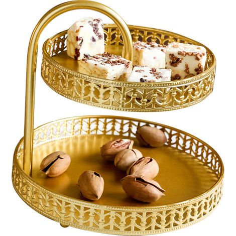 Plateau à pâtisserie double étage décoratif en cuivre doré pour biscuits et desserts, idéal pour un mariage. (1/5)
