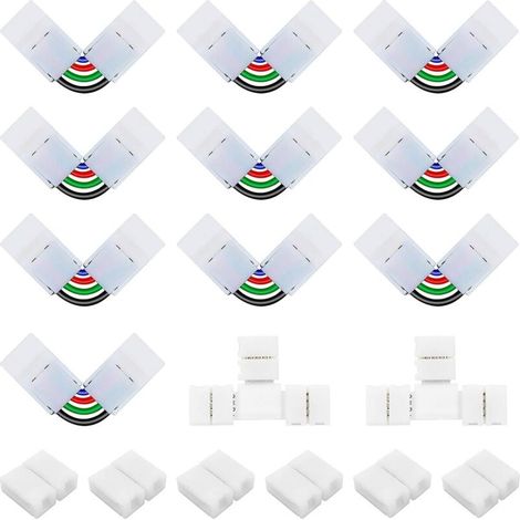 Kit de Connecteur Ruban LED 5050 4 Broches de 10mm Contenue 6 Connecteurs Gapless de 10mm, 10 Connecteurs en Forme de L de 4 Broches à Angle Réglable, 2 Connecteurs en Forme de T pour Bande SMD