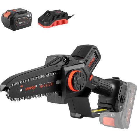 Mini motosierra a batería Dnipro-M DMS-201BC 20V, espada de 16cm, motor sin escobillas, batería de 6Ah y cargador