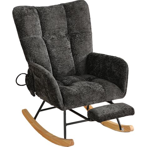 Silla mecedora acolchada de chenilla negra con respaldo alto y reposapiés (1/5)