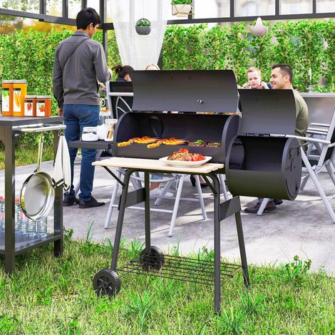 Barbecue à charbon avec couvercle et fumoir, barbecue de jardin avec étagères et roulettes, 124 x 53 x 104 cm, noir (1/5)