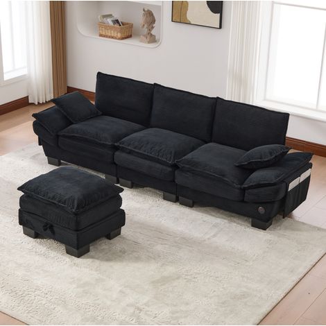 Divano modulare da 3 posti in velluto a coste (panno) con pouf, USB-C e tasche laterali, nero, 260x132x84 cm (1/5)