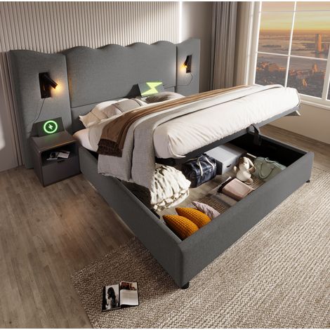Cama tapizada 160/200 cm gris de lino con arcón hidráulico, luz de lectura y USB-C (1/5)