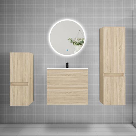 Ensemble meuble vasque L.60cm 2 tiroirs + lavabo + LED miroir rond 60cm + 2colonne,chêne