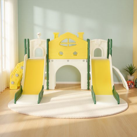 Scivolo per bambini 7 in 1 - con doppio scivolo, canestro da basket, area giochi per bambini, adatto per uso interno ed esterno - Giallo