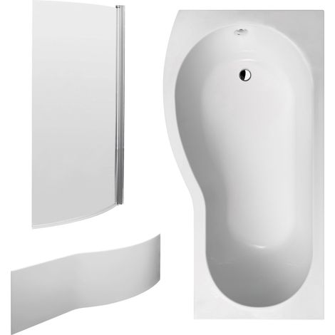 Balterley 1700 mm Left Hand B Shape Shower Bath Bundle & Tub, Curved 6 mm Safety Glass Screen & Matching Front Panel, Gloss White