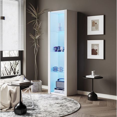 Vitrina blanca brillante con LED, 3 estantes de vidrio, 55 x 38 x 166 cm HAVRYA (1/5)