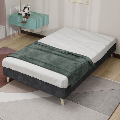 Cama tapizada de tela gris 90x200 cm, estructura metálica, sin cabecero y diseño de perfil bajo (1/5)