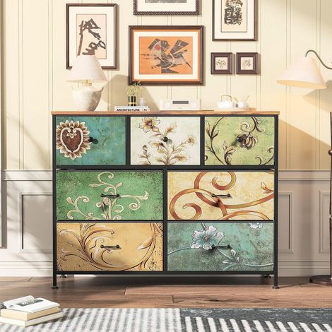 Retro Kommode mit 7 Schubladen, Vintage Sideboard mit Metallrahmen und Stoffschubladen (1/5)