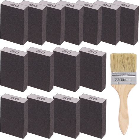Kit de 16 éponges de ponçage grain 80, 15 pièces de 10 x 7 x 2,5 cm, blocs de ponçage lavables et réutilisables et 1 pinceau de peinture, idéal pour le travail du bois, le polissage des (1/5)