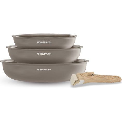 Set of 3 frying pans - Suitable for all hobs including induction - ARTHUR MARTIN - AM4587 - Ceramic - 20-24-28 cm + removable handle - Taupe (1/4)