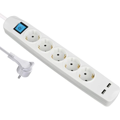 Multiprise 5 Prises avec USB, fiche Plate de Contact de Protection, 2 Prises de Charge USB, multiprise avec poignée à Tirer, Fixation de Serre-câbles, Peu encombrante et Robuste (1/5)