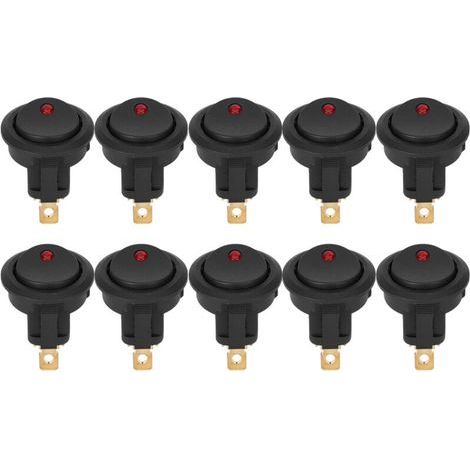 Interrupteur marche/arrêt étanche SPST rond 12 V – Lot de 10 avec voyant LED et bornes argentées à 3 broches (1/5)
