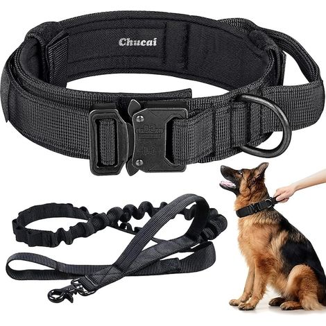 Collier et laisse tactiques pour chien Chucai, réglables, nylon, noir, taille L, 42-54cm, largeur 3,8cm, lot de 2 pièces (1/5)