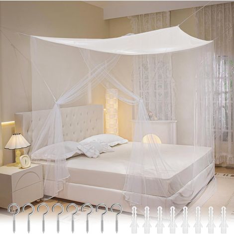 Moustiquaire de lit double simple maille fine polyester kit montage complet, 200×180×165cm, blanc, chambre maison (1/5)
