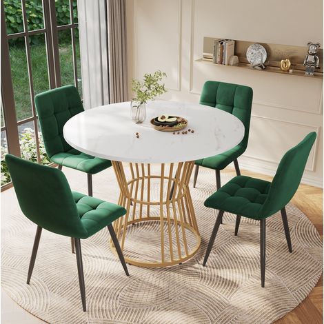 Set Tavolo Rotondo 100 cm, 4 Sedie Velluto Verde, Top Effetto Marmo, Piedi Dorati (1/5)