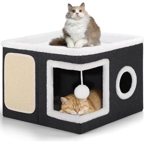 Foldable Indoor Cat Beds, 43 x 43 x 32 cm, Large Cat House with Kennel, Hanging Ball, Round Window, 2 Tier Cat Cube with Soft Double Sided Cushions, Grey
