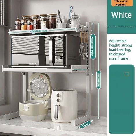 (Blanc à 3 niveaux) Étagère de rangement de table rétractable à plusieurs niveaux pour four à micro-ondes, avec compartiment de rangement épais pour la cuisine et la maison. (1/5)
