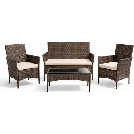 Salotto da giardino a 4 posti in resina intrecciata marrone con cuscini beige LOOS (1/5)