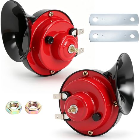 Klaxon Voiture 12V Rouge 2 Pièces, Klaxon Étanche Universel à Double Ton, Avertisseur Sonore Voiture pour Moto Camion Bateau, Klaxons en Métal et ABS (1/5)