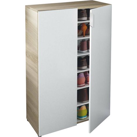 Armadio multiuso 2 ante Olathe, Mobile ausiliario, Guardaroba basso porta scarpe con 6 ripiani, Scarpiera bassa, 70x36h103 cm, Rovere e Bianco