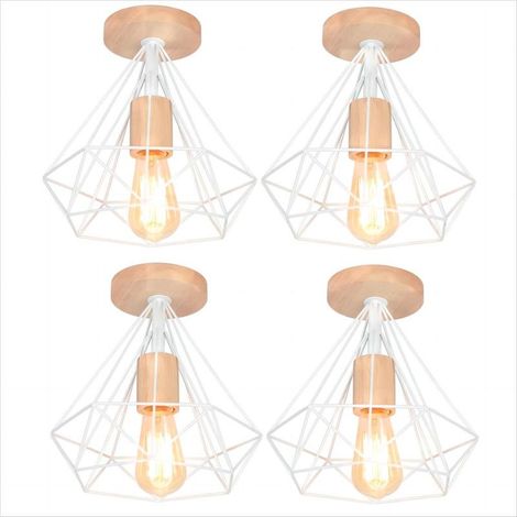 Lot de 4 Rétro Plafonnier Industrielle E27 25cm Lampe Plafonnier en Métal et Bois Blanc (1/5)