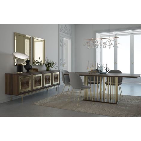 Azura Home Design – Salle à manger complète LUXEMBOURG Or – 4 places – Table 180x92x77cm et buffet 200x48x80cm – Panneaux mélaminé et verre fumé