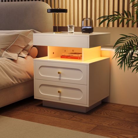 Table de chevet 50x40x60cm - Avec éclairage LED - Avec 2 tiroirs et 1 espace de rangement ouvert - Blanc