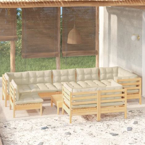 Salon de jardin 10 pcs,Mobilier de terrasse,Table et Chaise pour Relax avec coussins crème Bois de pin massif -YZ273634 (1/5)