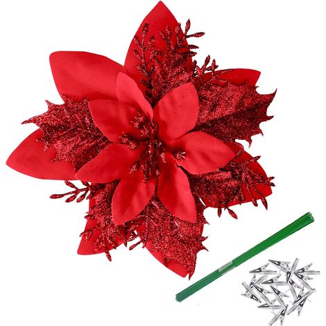 15 Pièces 14CM Fleurs de Noël Clignotant Poinsettia Artificiel Fleurs Arbre de Noël Ornements avec Clips Tiges pour DIY Guirlande Fête Maisons Vacances Décoration - Rouge (1/5)