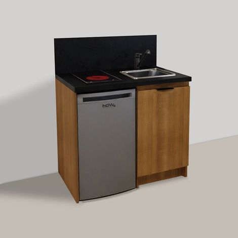 Inoval – Kitchenette merisier 100cm – Meuble bas mélaminé 19mm – Évier inox 39x45cm – Plaque vitrocéramique 3000W – Réfrigérateur table top 86L (1/4)
