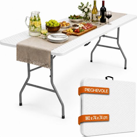Tavolo Pieghevole Bianco Polyrattan Resistente Tavolino da Esterno 180x74x74cm (1/5)