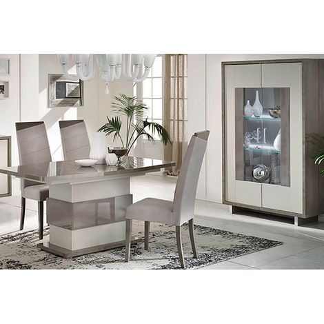 AUXANE - Pack Séjour Table Allongeable + Vitrine 2 Portes Led Gris Metallisé et Mat (1/4)