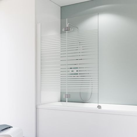 Pare-baignoire pliant, verre 5 mm, paroi de baignoire 2 volets, écran de baignoire pivotant Schulte, 114 x 140 cm, décor rayures horizontales, profilé blanc (1/3)