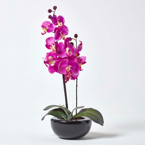 HOMESCAPES Oriental Style Cerise Orchids in Black Bowl