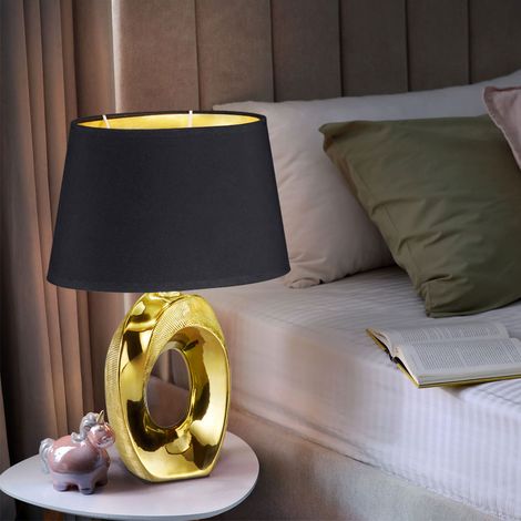 Lampada da comodino oro Lampada da tavolo soggiorno Luce da lettura tessile nera, ceramica, 1x E14, DxH 23x33 cm