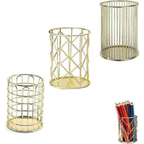 Lot de 3 porte-stylos en métal, porte-stylos de bureau, boîte de rangement creuse, formes géométriques en métal, pour pinceaux de maquillage, porte-stylos, bureau, maison (3 styles) (1/5)