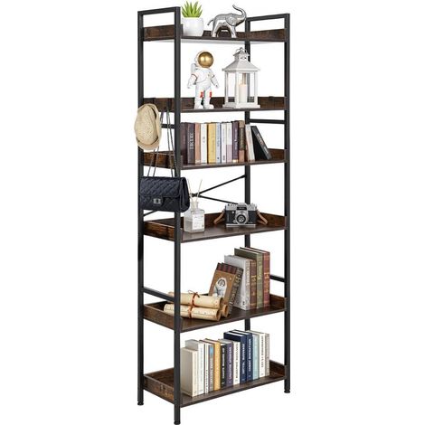 Bibliothèque Étagère Échelle 6 Niveaux VEVOR Meuble de Rangement Industriel en Acier et MDF avec 4 Crochets 65x30x175 cm Marron (1/5)