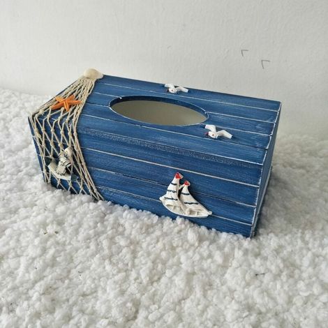 Caja de pañuelos rectangular de madera con diseño de barco pirata mediterráneo y gaviota azul, ideal para decorar el hogar, la oficina y el coche. (1/4)