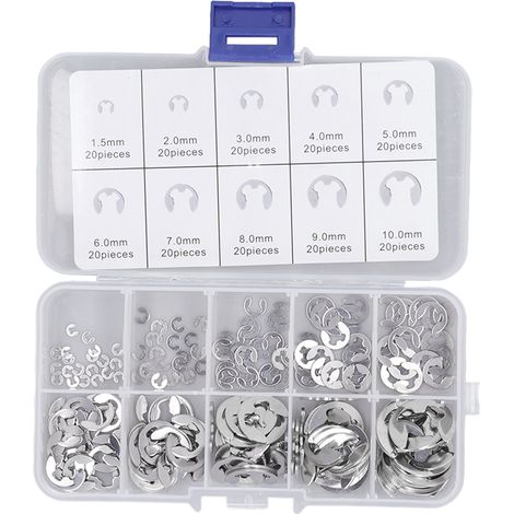 200 Pièces E Clip Assortiment Ensemble en Acier Inoxydable E Clip Bagues de Retenue Ensemble Externe Anneau élastique Clip Kit avec Boîte pour Roulement