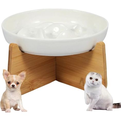 Ceramic Cat Bowl Raised Bowl Non-Slip Base Labyrinth Bowl Small Dog Flat Diet Plate Slow Feeding White (1/5)