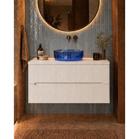 Mobile bagno bianco opaco 90x46 cannettato Ischia ciotola in resina blu (1/5)