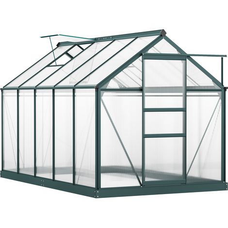 6 x 10ft Polycarbonate Greenhouse, Large Walk-In Green House with Slide Door and Window, Garden Plants Grow House with Aluminium Frame and Foundation, Dark Green