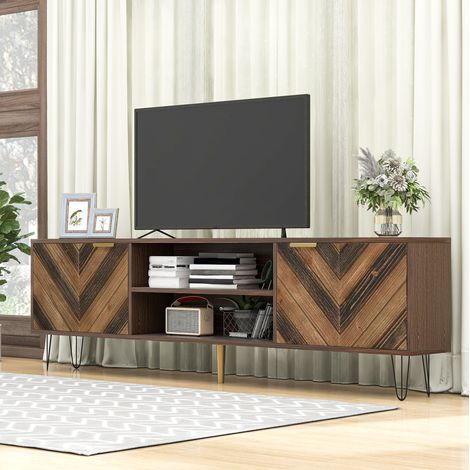 Mobile TV 155x38x48 cm naturale in truciolare con 2 ante, impiallacciatura effetto legno, maniglie dorate e piedi in ferro (1/5)