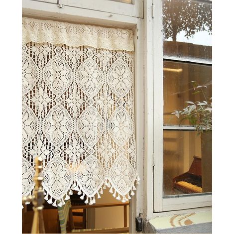 Cortina corta de algodón beige transparente con encaje calado de ganchillo, estilo bohemio chic, ideal para ventanas pequeñas, cocinas, dormitorios y vestidores. (1/3)