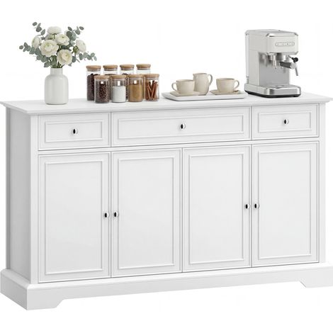 Buffet salon, meuble de rangement avec 3 tiroirs, 4 portes à fermeture douce et étagères réglables, blanc (1/5)