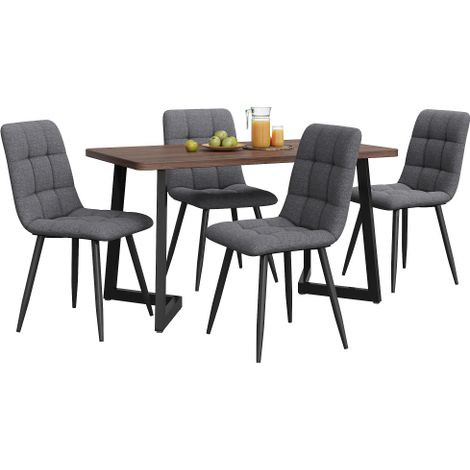 Table MDF noyer 117×68cm, pieds métal noirs, chaises lin gris foncé