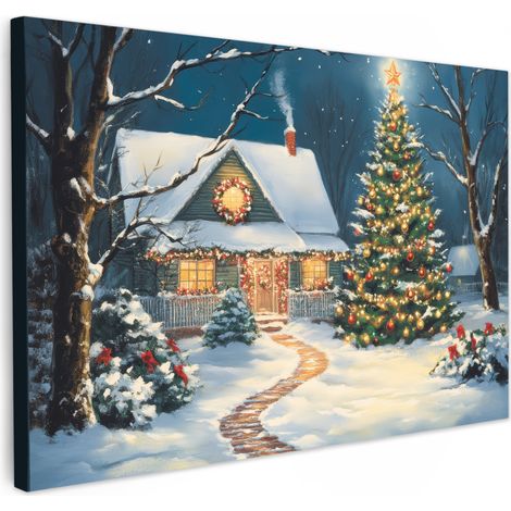 TABLEAU SUR TOILE Noël - Sapin de Noël - Hiver - Maison - Neige Toile Peinture Grand Format XXL 150x100 cm