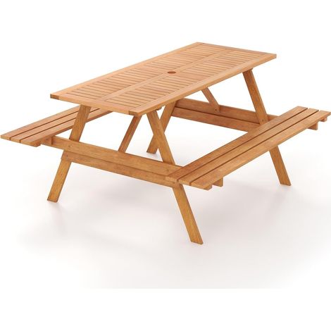 Goplus – Table de pique-nique rectangulaire en bois dur pour 6 personnes – Trou pour parasol intégré – Surface à lattes pour nettoyage facile – Naturel